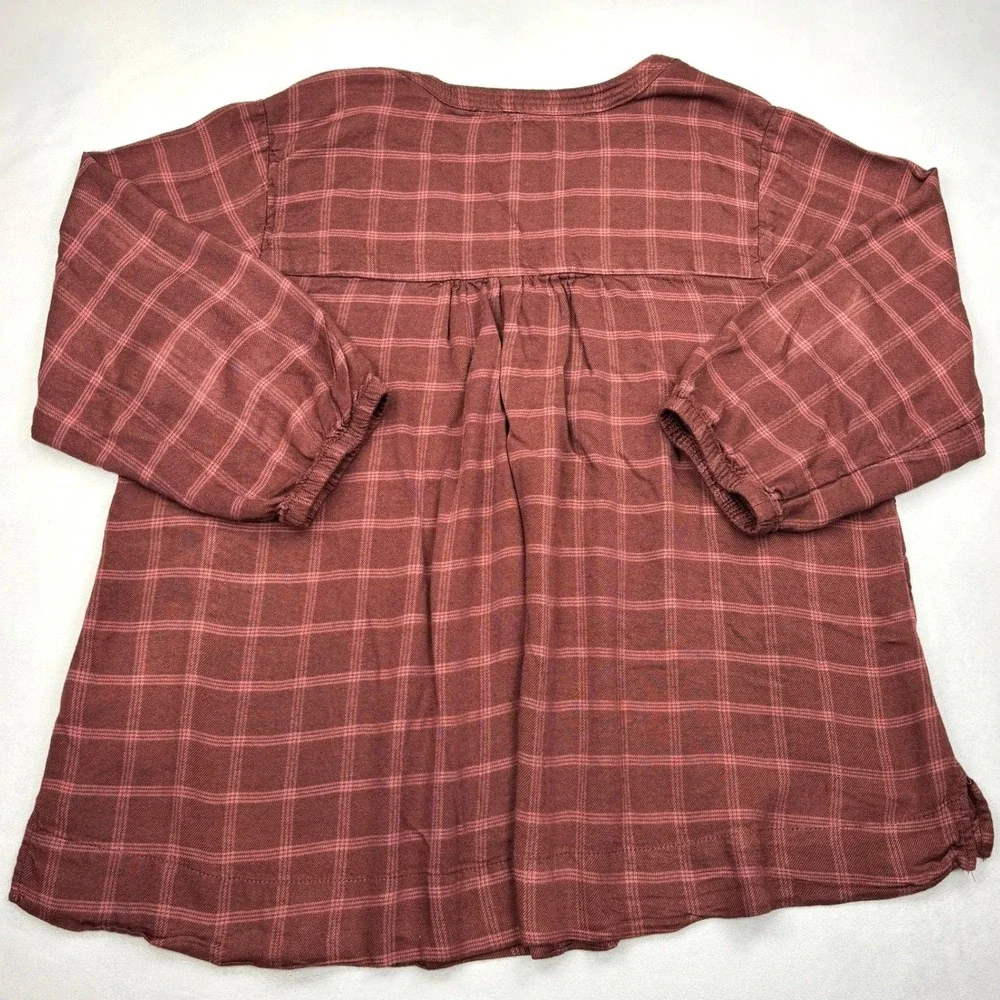 Wrangler Plaid Blouse Womens Large Burgundy Maroon Pintuck Babydoll Viscose Top - Picture 2 of 6